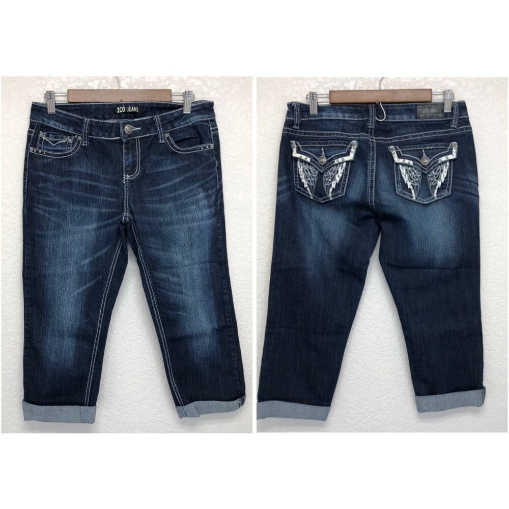 ZCO Capri Jeans Women 9  Angel Wing Stud Denim Low Rise Dark Wash